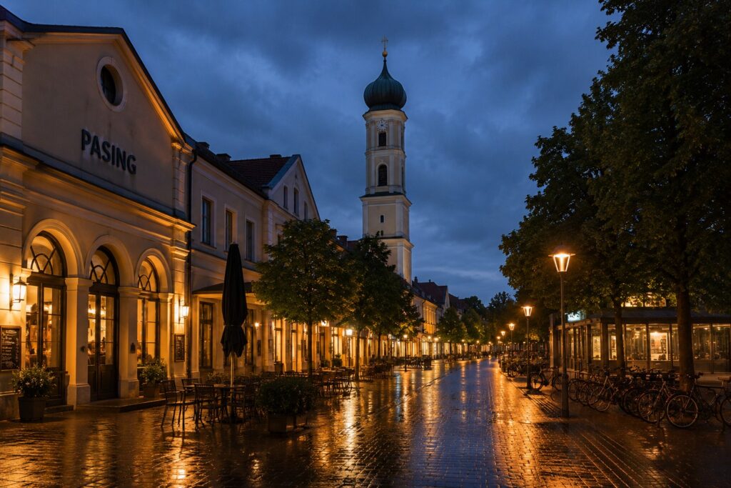 Immobilienmakler Pasing – stimmungsvolle Abendaufnahme der Pasinger Innenstadt mit Restaurants, Cafés und hochwertigem Wohnumfeld.
