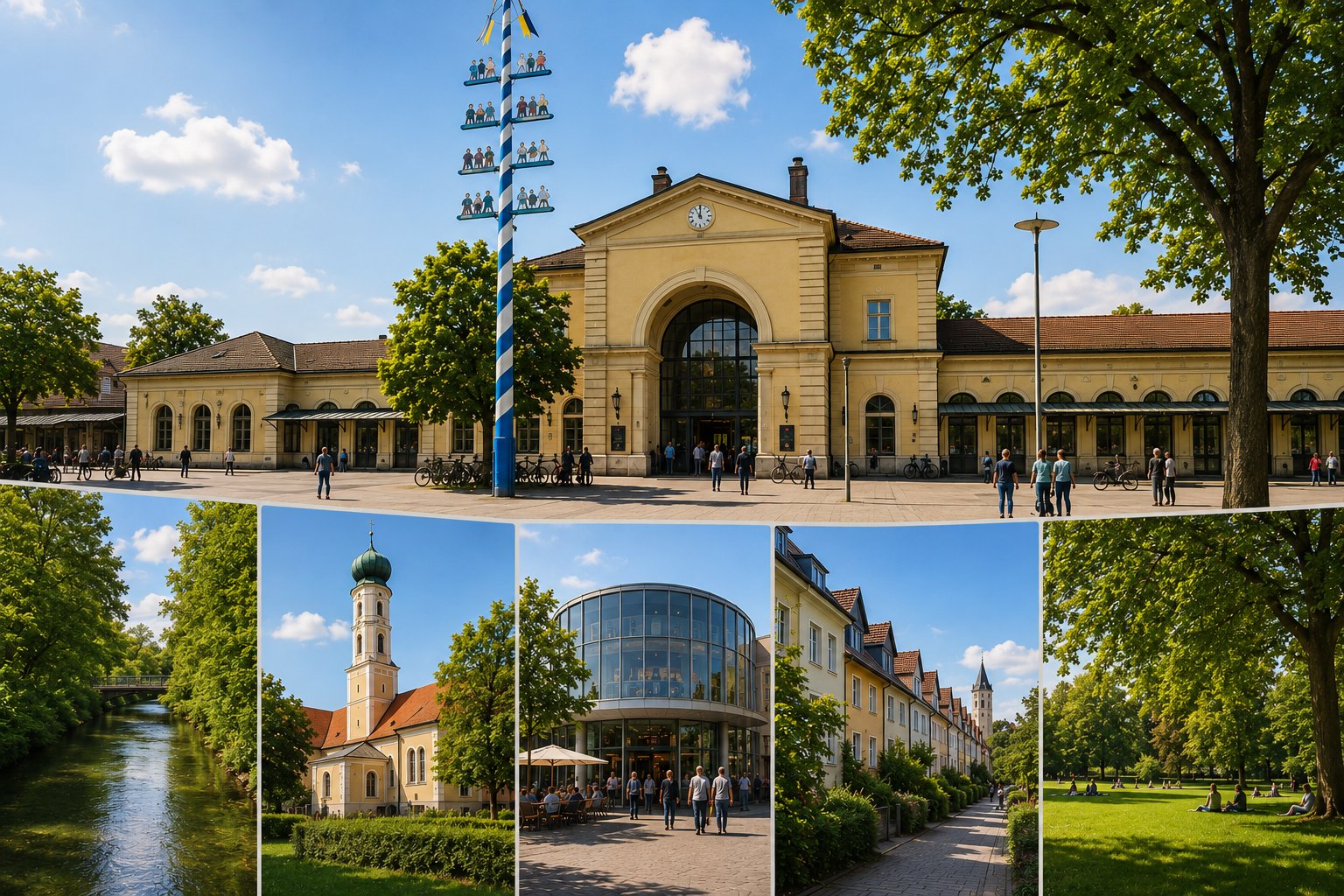 Immobilienmakler Pasing – historischer Bahnhof und urbanes Leben im beliebten Münchner Stadtteil Pasing bei sonnigem Wetter.