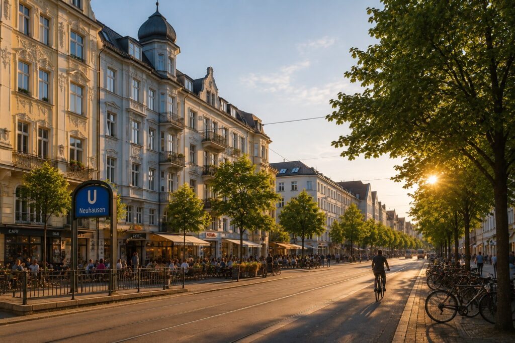Immobilienmakler Neuhausen – lebendige Straßenszene mit Altbauarchitektur, Cafés und urbanem Flair im beliebten Münchner Stadtteil.